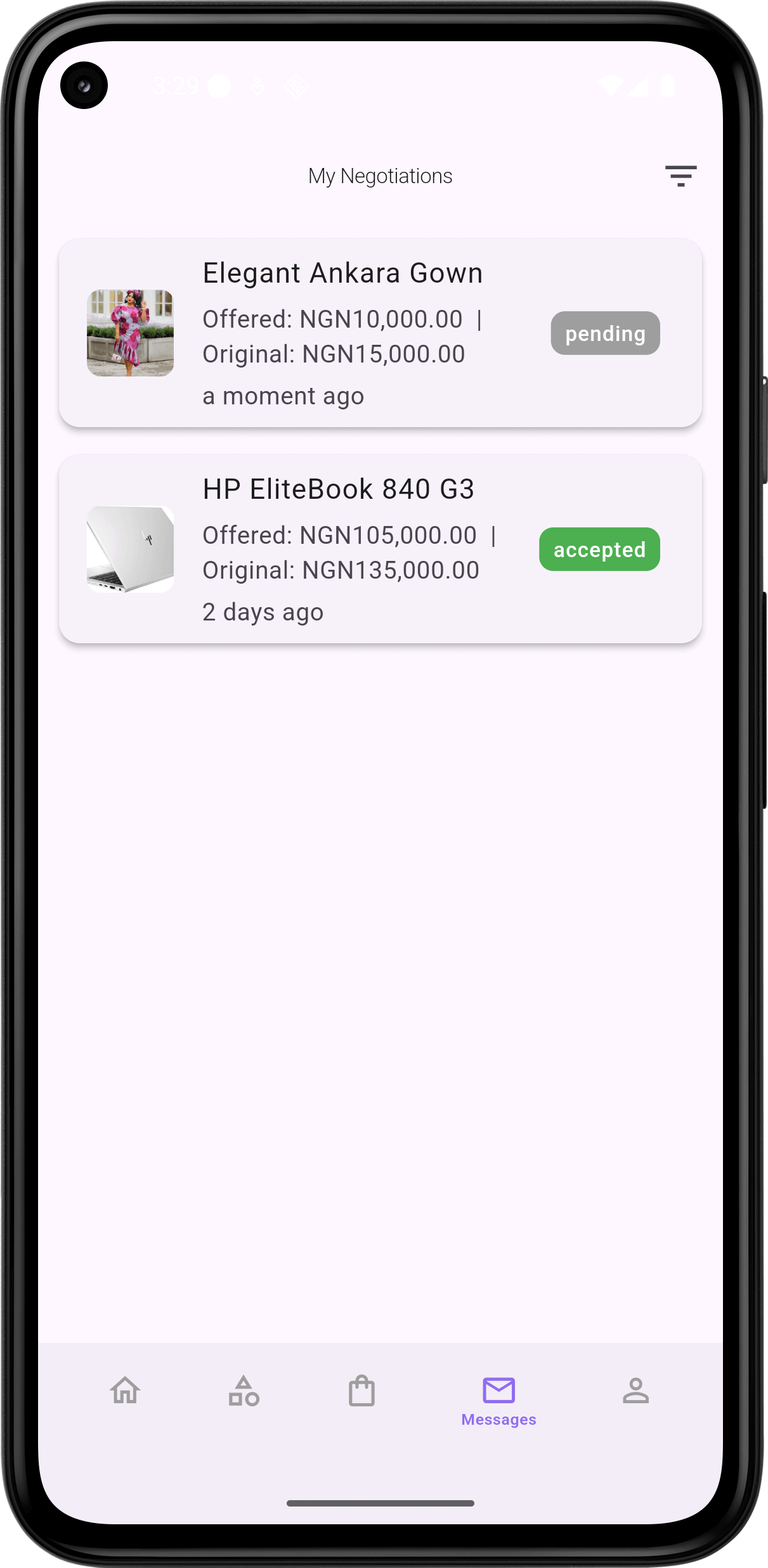 Negotiation history tracking showing past deals and conversations between Nigerian buyers and sellers
