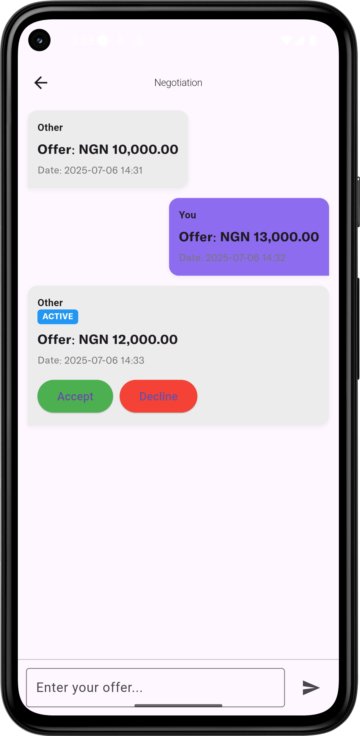 Real-time price negotiation chat interface between buyers and sellers with Nigerian Naira pricing
